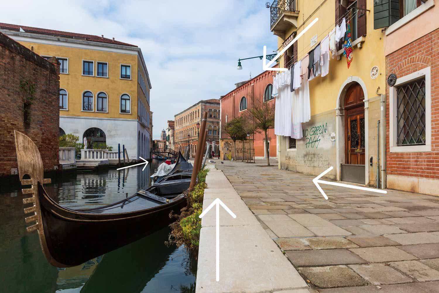 Gondeln in einem Kanal in Venedig mit Gehweg und Häusern, während Linien den Blick nach hinten ins Bild führen.