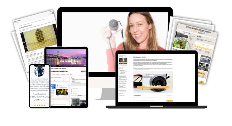 verschiedene Inhalte des Kurses vom Schnappschuss zum foto in form von mockups