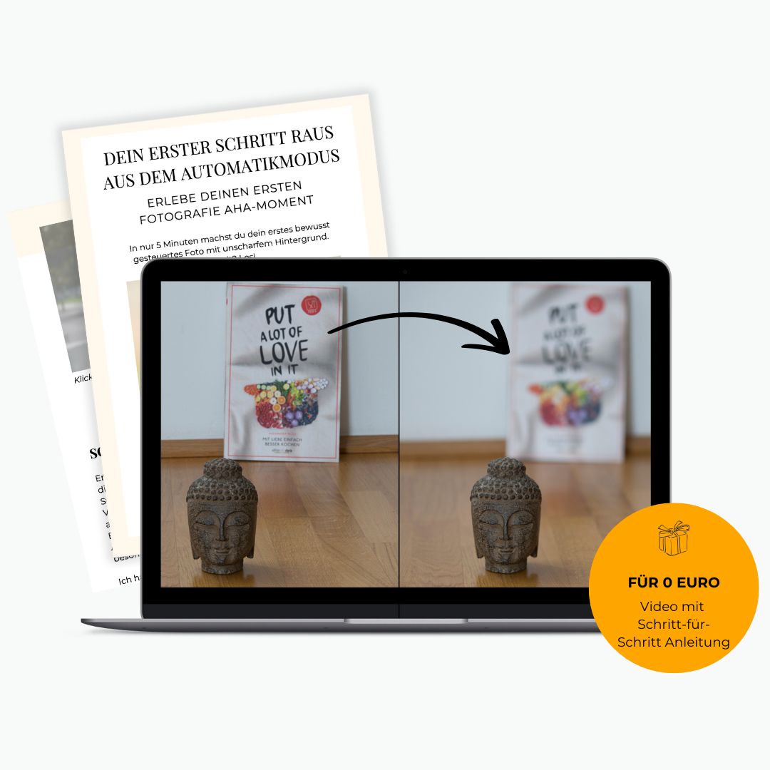 Videoguide Mockup für Fotografie Einsteiger zeigt bild mit scharfem Hintergrund und eines mit unscharfem hintergrund