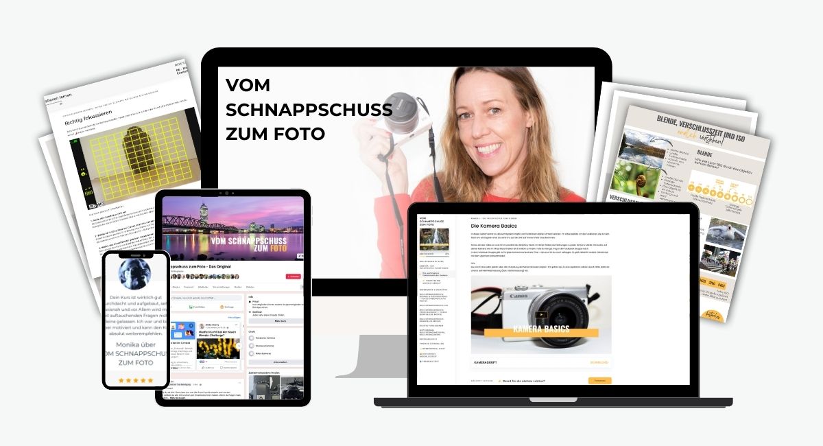 verschiedene Inhalte des Kurses vom Schnappschuss zum foto in form von mockups