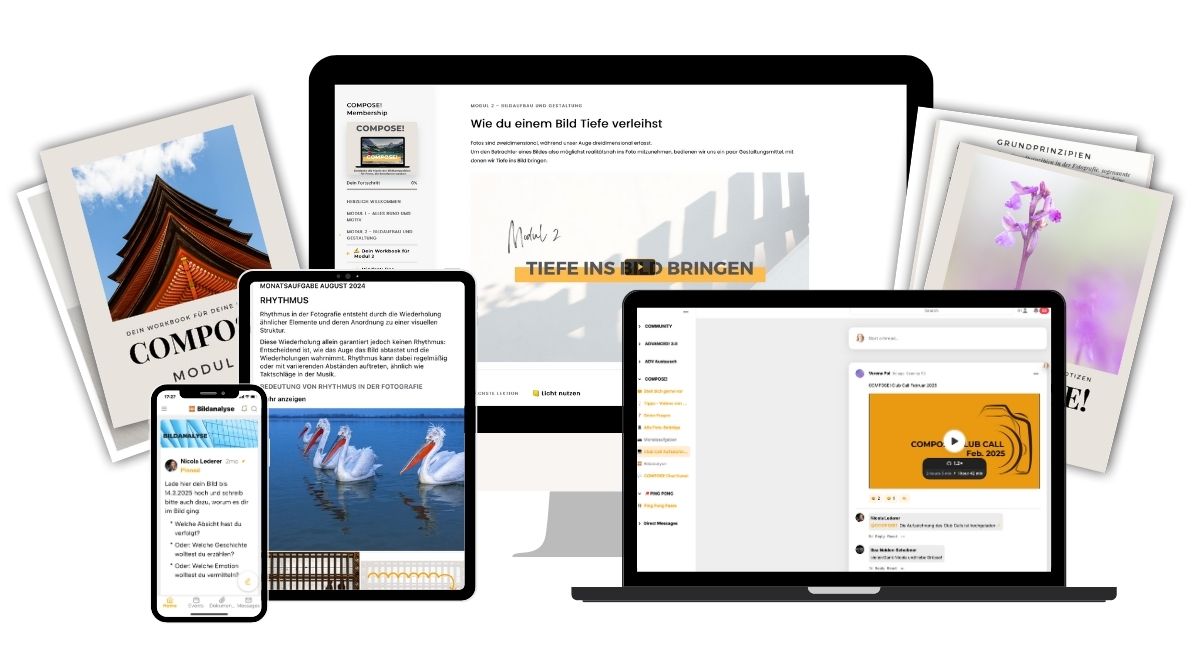 Mockup des COMPOSE! Kurses mit verschiedenen Endgeräten (Smartphone, Tablet, Laptop und Desktop), die Inhalte der Plattform zeigen: Monatsaufgabe, Bildanalysen, Video-Training, Workbook und Community-Bereich. Im Vordergrund sichtbar: das Modul „Tiefe ins Bild bringen“ sowie Beiträge und Feedback aus der Community.